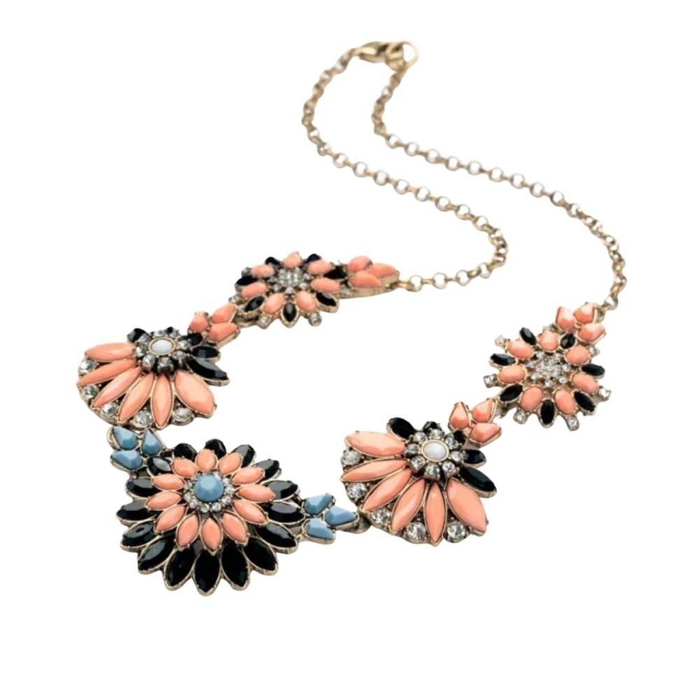 Bold Floral Statement Necklace – 20" Enamel Petals in Coral, Black & Blue with C